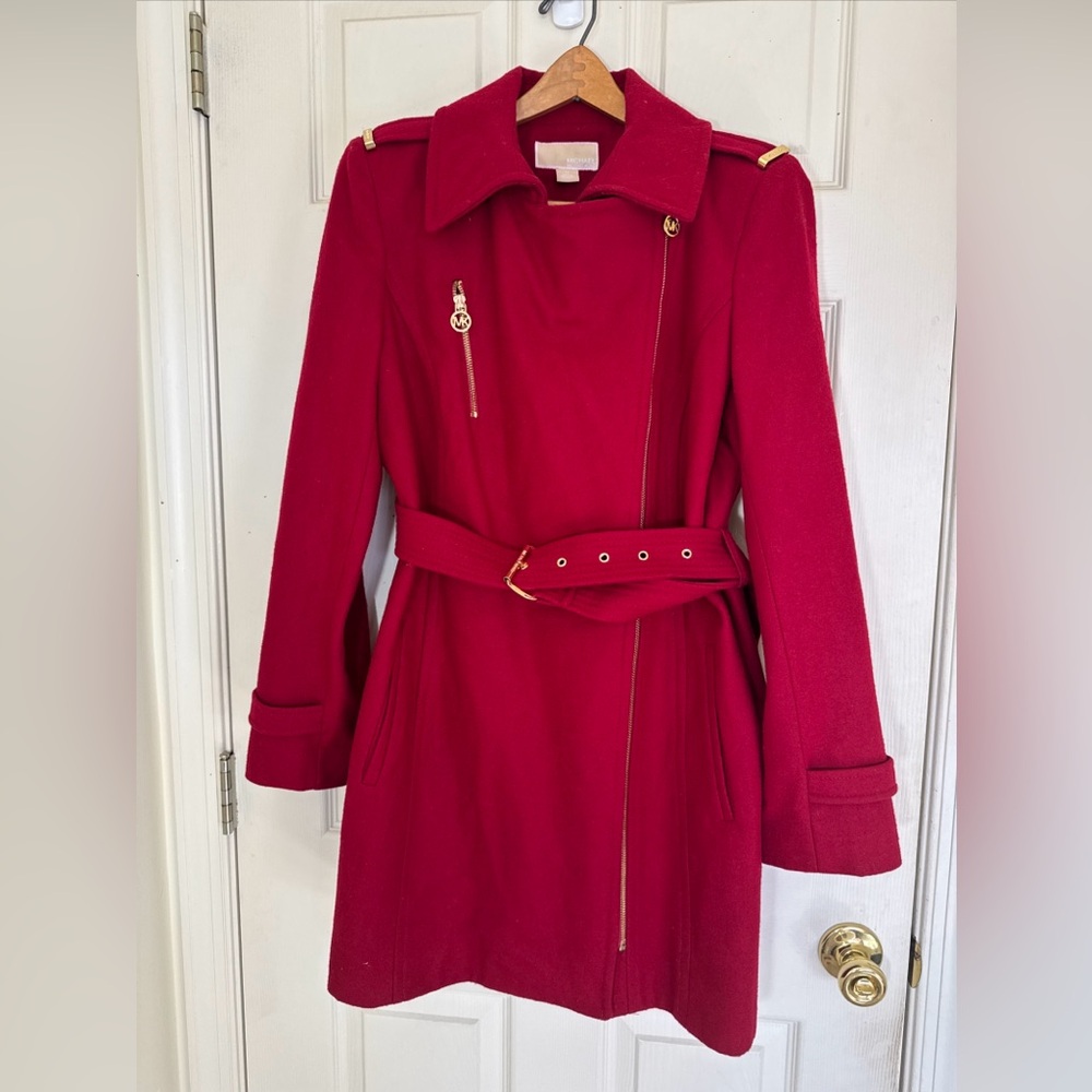 Michael Kors Women’s Jacket Size 12 Large Red Wool Winter Coat With MatchingBelt